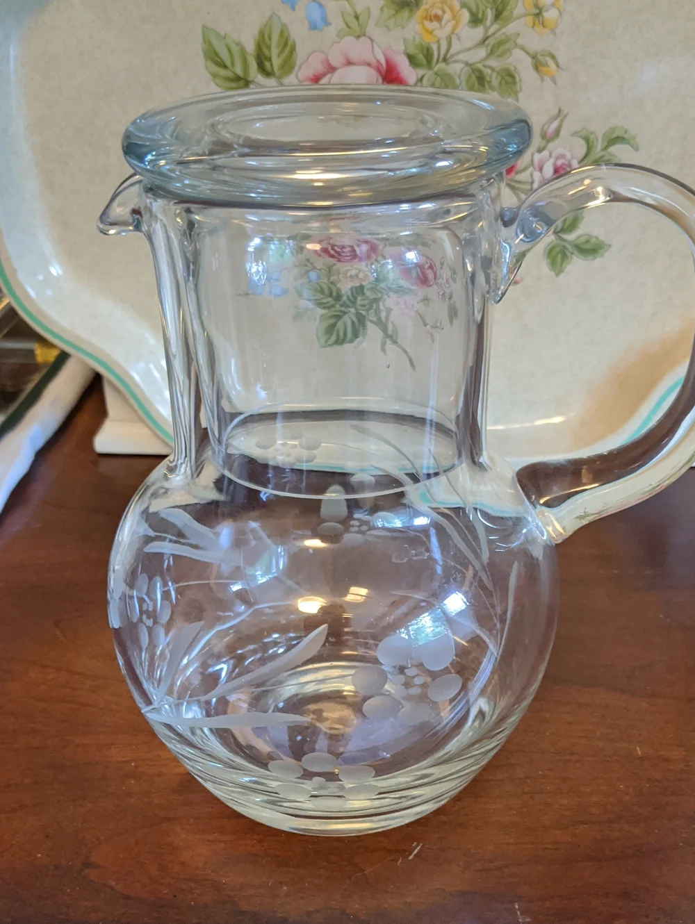 Vintage Floral Etched Glass Water Pitcher With Lid 7 Inches Tall